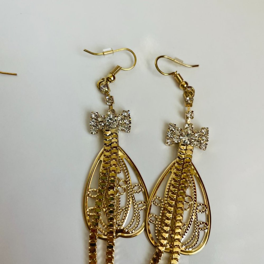 Boho Trendy Gold Long Drop Dangle Earrings 3 1/2-4” Lot of 2 Pairs NWOT - Picture 5 of 7